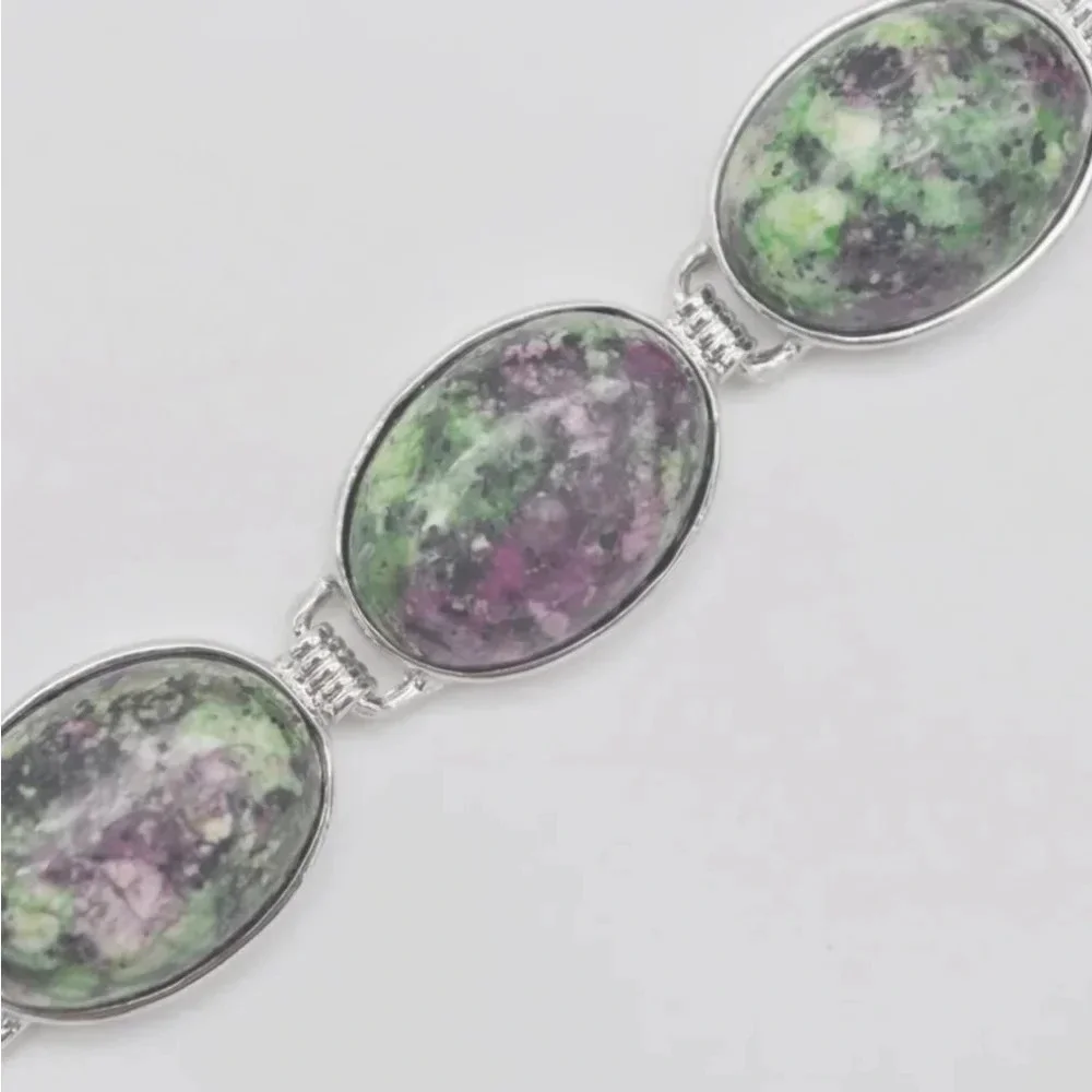 Women's Pink Green‎ Zoisite Gemstone Sterling Silver Bracelet Adjustable